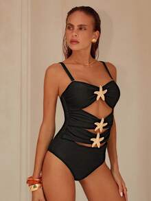 Swim Vcay Tenue de plage pour femme: Maillot de bain une-pièce sexy pour femmes avec lacets ajourés, bretelles amovibles, décoration étoile de mer, élégante tenue pour vacances d'été à la plage
