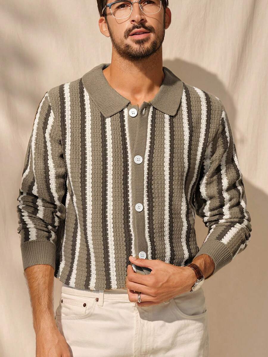 Manfinity Homme 男士条纹长袖单排扣休闲针织开衫,秋冬款 - 綠色 - 查看 1