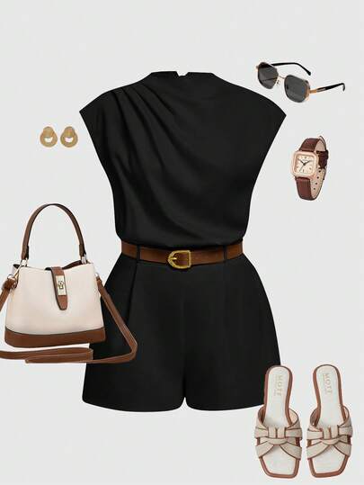 SHEIN MOD MONO DE BOLSILLO CON CUELLO ALTO Y CINTURÓN PARA MUJER TALLA GRANDE