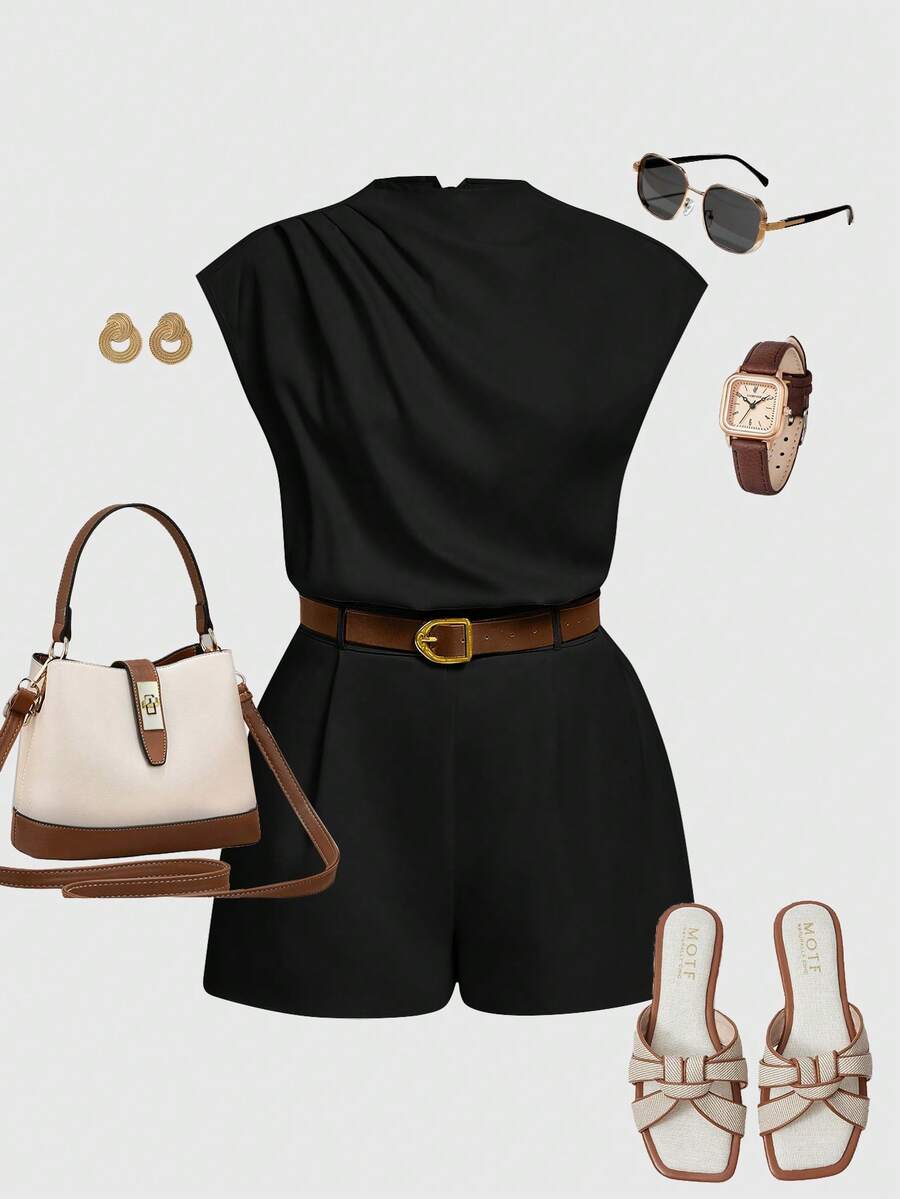 SHEIN MOD Bộ đồ liền thân cổ cao có túi cỡ lớn dành cho nữ kèm thắt lưng - màu đen - Xem 1