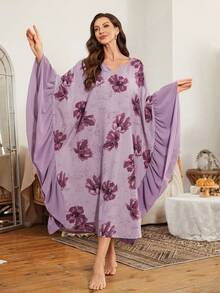 Serenescape Oversized Floral Patchwork Chiffon Casual Loungewear Nightgown For Women, Floral Night Gown Women Sleep Dress Purple Night Gown, Winter - Multicolor - View 6