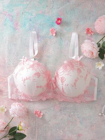 FloralLove Plus size blommig broderad vadderad bygel-bh med volanger, högt stöd, romantisk pastoral stil, söt upplyftning