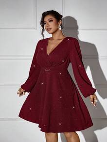 Femmeverse Plus Size Women V-Neck Lantern Sleeve Metal Chain Decor Solid Color Fashion Dress - Burgundy - View 8