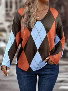 EMERY ROSE Women's V-Neck Colorful Plaid Pattern Long Sleeve Plus Size T-Shirt, Autumn/Winter New Arrival - Multicolor - View 4