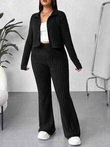 SHEIN EZwear Plus Size Solid Color Zip-Up Long Sleeve Top And Ribbed Long Pants 2 Pieces Set