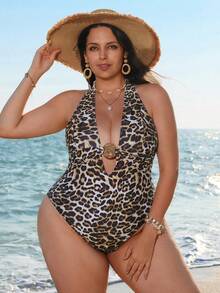 Swim Lushoire 2026 Summer Women's Leopard Print Vacation One Piece Swimsuit, Leopard Print, Sexy, Ladies' Vacation Swimsuit, Plus Size One-Piece Swimsuit, Leopard Print Sexy, Deep V Swimsuits For Woman Curvy Plus Size Swimsuit Plus Size Animal Print Swimsuit Plus Size Cheetah Print One Piece Swimsuit Cheetah Print Bathing Suit Women