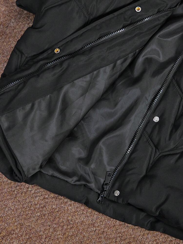 Women's Elegant Quilted Cinched Waist Mid-Length Hooded Removable Fur Collar Black Zip-Up Padded Coat, Winter
