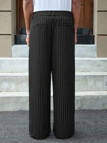 SWAVVY 男士条纹直筒宽松休闲裤，带口袋 - 黑色 - 查看 2