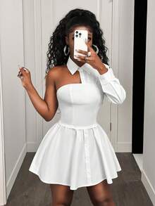 BamGleam 纯色褶皱肩部修身荷叶边下摆连衣裙 - 白色 - 查看 4