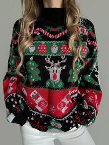 EMERY ROSE Women's Casual Reindeer Pattern Turtleneck Sweater, Suitable For Christmas, Autumn/Winter - Multicolor - View 3
