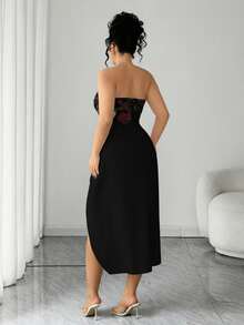 Elenzga Plus Size Elegant Floral Print Mesh Ruffle Hem Slit Waist Slim Fit Strapless Maxi Dress, Suitable For Spring, Summer, Fall Dates, Parties, Galas, Valentine's Day, Music Festivals, Mother's Day, Halloween, Weddings, Christmas And Other Occasions Bustier Dress Strapless Black Dress Rose Print Dress Tube Top Dresses Elegant Dress - Black - View 2