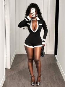 BamGleam 新款时尚个性黑白撞色领长袖T恤，纽扣闭合，修身腰部长袖连体短裤 - 黑色 - 查看 7