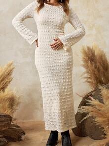 Boho Mama 孕妇纯色圆领长袖修身优雅连衣裙 - 白色 - 查看 9