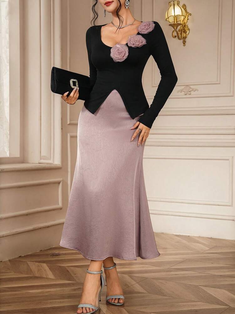 Women's V-Neck 3D Floral Design Knit Top And High Waist Satin Skirt Elegant 2-Piece Set