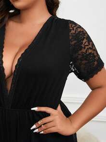 Plus Contrast Lace Tie Back Romper - Black - View 4