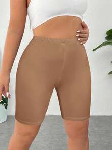 SHEIN EZwear 卡其色高腰松紧腰大码女式紧身休闲短裤 - 卡其色 - 查看 5