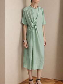 Aalyst Women's Solid Color Long Sleeve Loose Asymmetrical Summer Dress - Mint Green - View 3