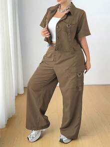 POPSWAY 大码休闲实用衬衫和裤子两件套 - 棕色 - 查看 3