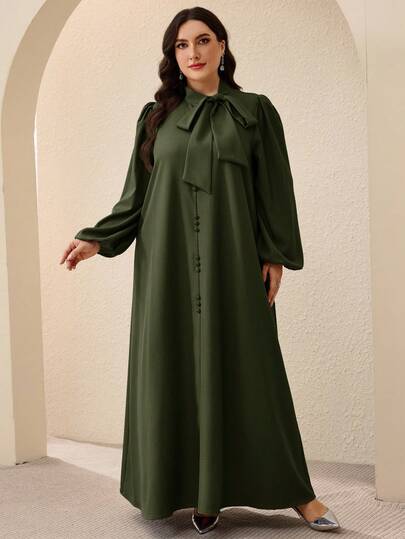 Al Najma Plus Size Women Elegant Lantern Sleeve Solid Color Dress, Autumn
