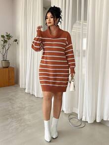 Elenzga Plus Size Straight Loose Turtleneck Knitted Sweater Dress, Striped Patchwork, Winter - Multicolor - View 6