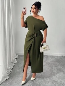 Elenzga Đầm xòe bất đối xứng màu trơn cỡ lớn cho nữ, xẻ tà thanh lịch, nút trang trí bằng kim loại - xanh quân đội - Xem 4