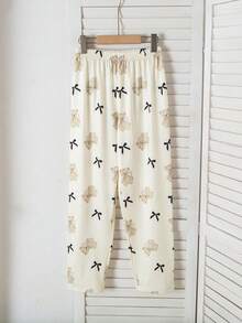 蝴蝶结和小熊印花圆领长袖休闲舒适女童睡衣套装 - 杏色 - 查看 4