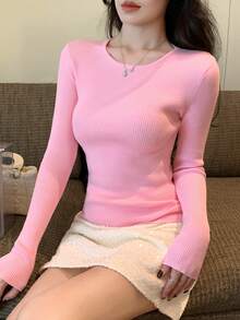 DAZY 女士纯色简约日常商务休闲长袖套头毛衣 - 粉色 - 查看 2