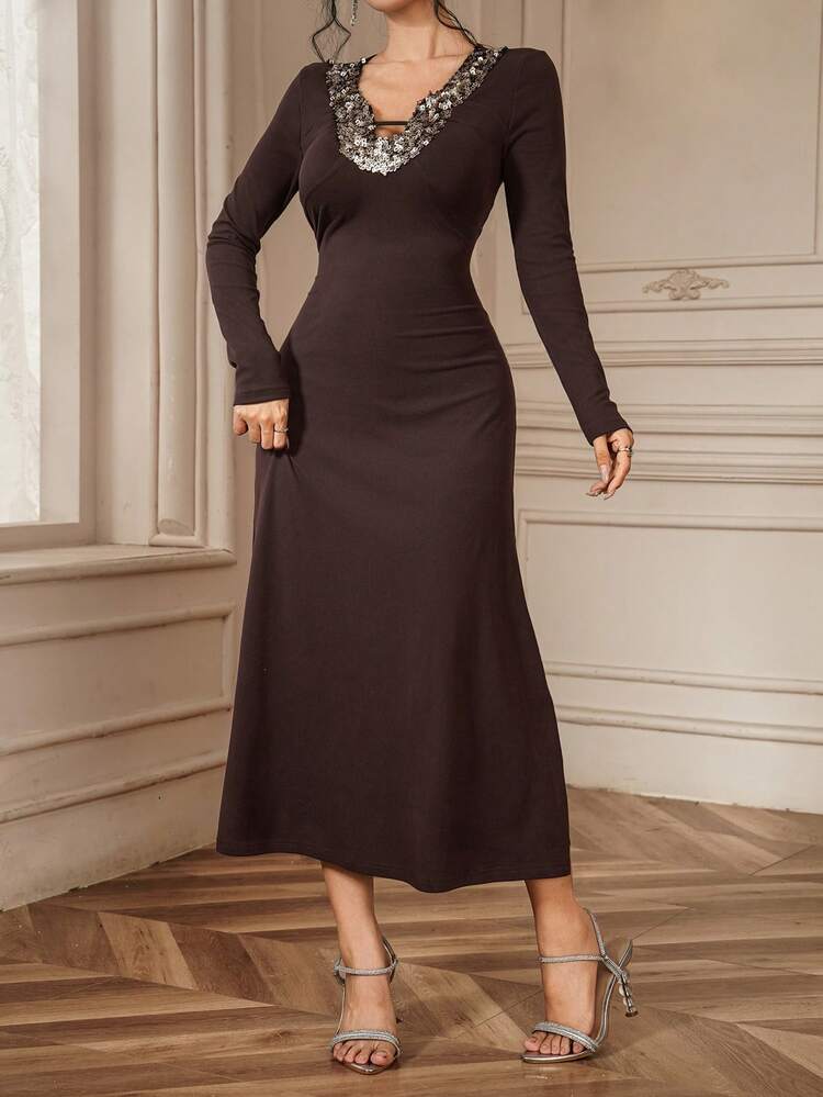 Women's Sequin Patchwork V-Neck Long Sleeve Elegant Mid-Length Dress Carnival