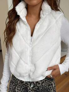 SHEIN EZwear 女士无袖蓬松拉链防风夹克，适合秋冬季 - 白色 - 查看 3