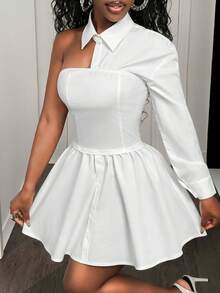 BamGleam 纯色褶皱肩部修身荷叶边下摆连衣裙 - 白色 - 查看 3