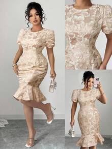 Elenzga 大码圆领短袖立体刺绣花卉图案修身法式优雅通勤修身鱼尾连衣裙，橄榄绿 - 粉色 - 查看 1