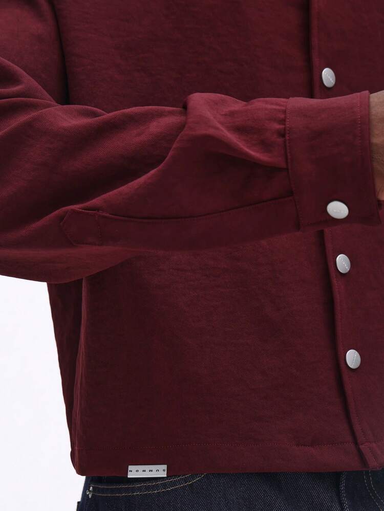 SUMWON Crop Fit Long Sleeve Revere Collar Button Down Shirt With Back Graphics Creative Department Script Casual