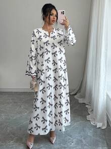 Yasmyna 女士雪纺蝴蝶结印花宽松长袖阿拉伯连衣裙 - 黑色 - 查看 6