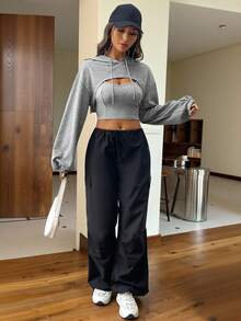 SHEIN EZwear Drop Shoulder Super Crop Drawstring Hoodie & Cami Top In Fall/Winter