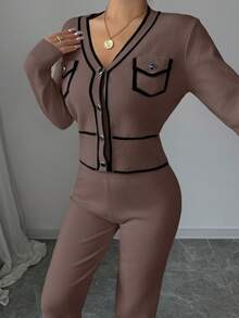 Elenzga 2pcs Elegant Sweater Set: Contrast Trim V-Neck Button Front Long Sleeve Top And Solid Color Pants - Mocha Brown - View 6