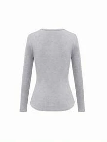 SHEIN LUNE Women's Casual Everyday Commute Simple Solid Color Ribbed V-Neck Fitted Long Sleeve T-Shirt, Spring/Autumn - Grey - View 2