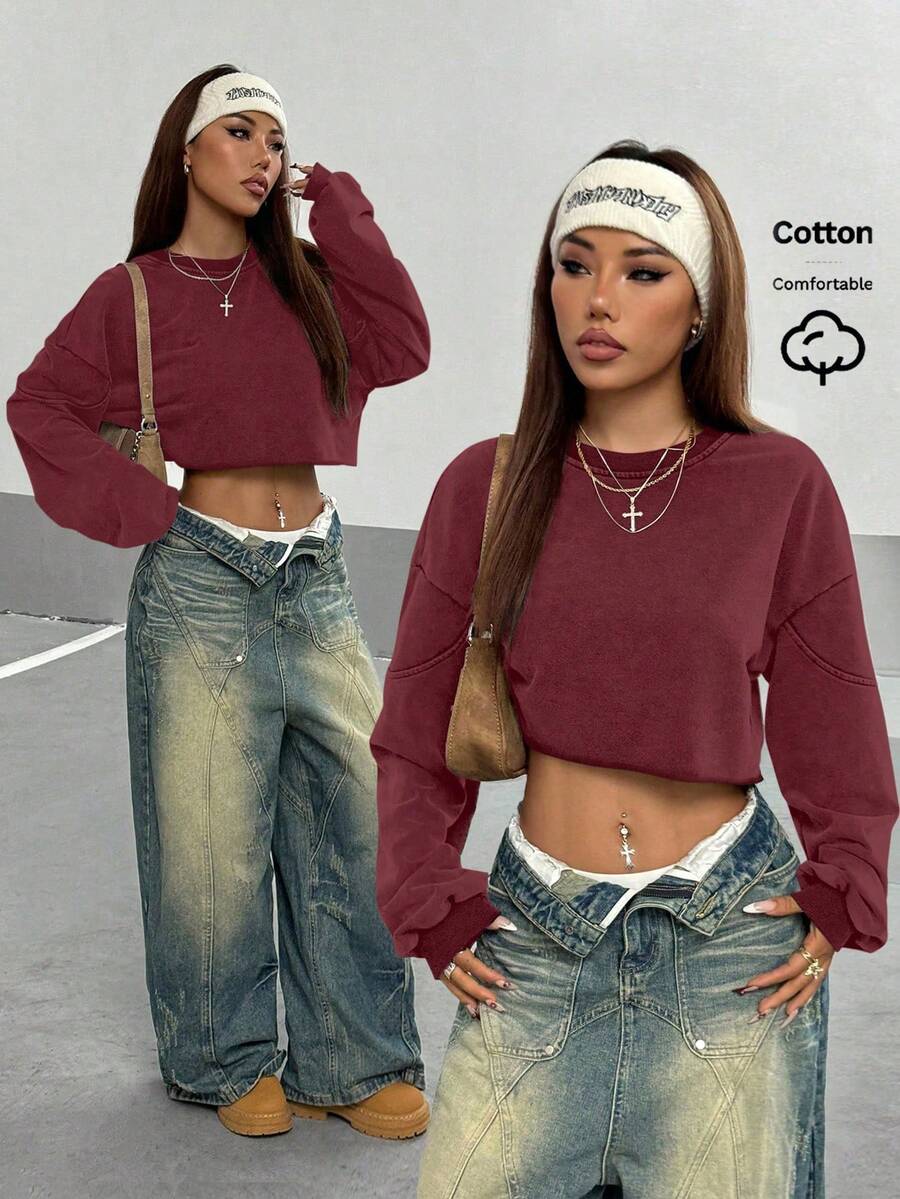 StreetHx Women's Solid Color Round Neck Loose Box-Shaped Cropped Washed Sweatshirt - Red - View 1