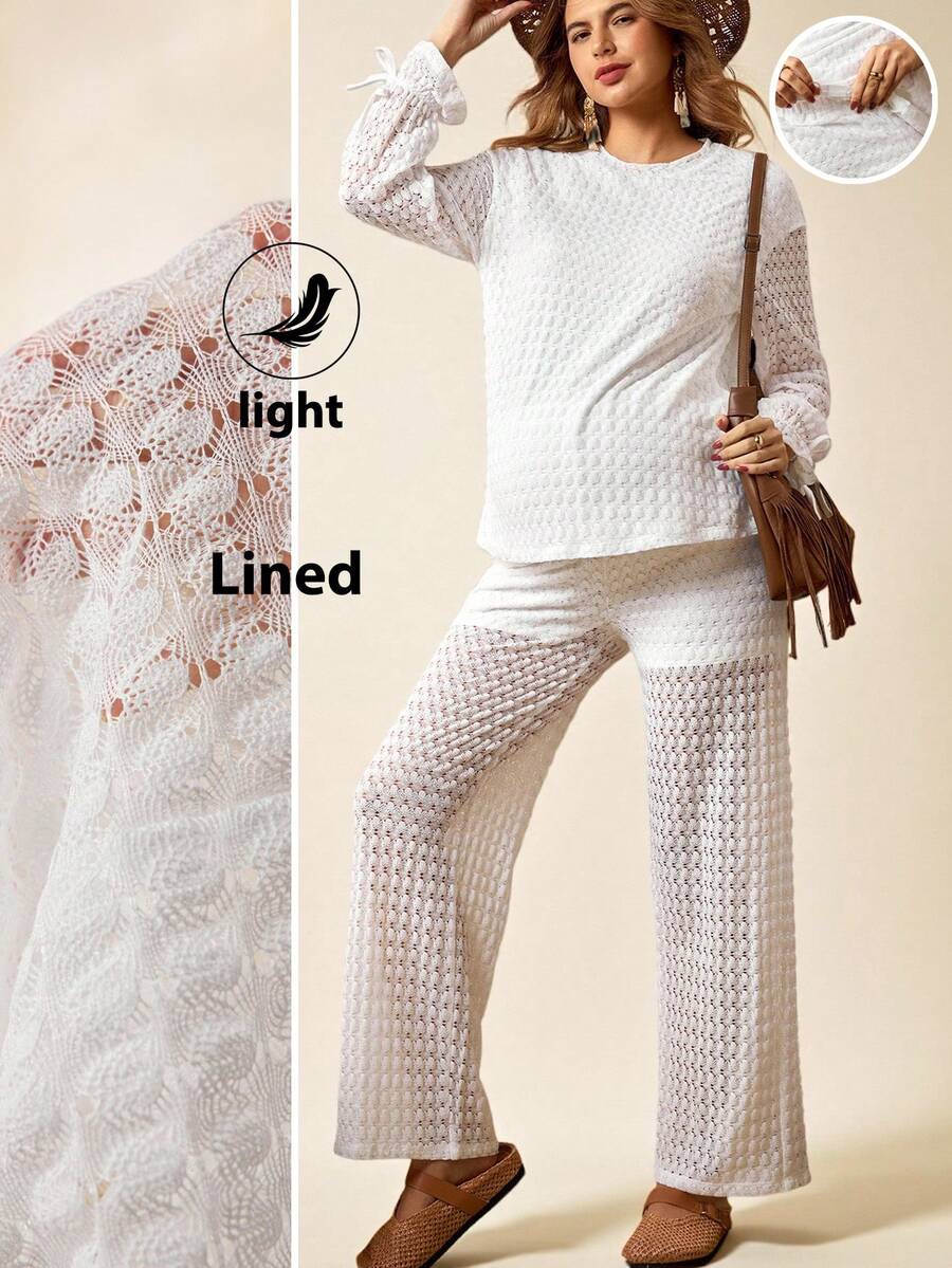 Boho Mama Maternity Two-Piece Set,Women's Boho Lace Textured Top And Pants Set,Adjustable Elastic Waistband,Holiday Birthday White Autumn Casual Matching Set - White - View 1