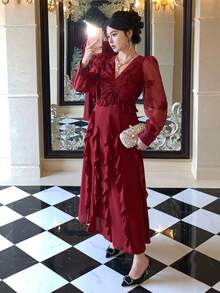 DAZY Váy dài vừa phải cổ chữ V xếp nếp thanh lịch thời trang dành cho nữ - trắng - Xem 6