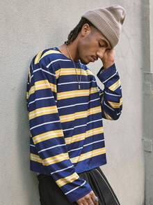 AXEPEAK Casual Striped Contrast Color Round Neck Loose T-Shirt For Men - Multicolor - View 3