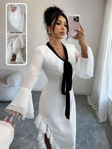 Modelyn Women's V-Neck Ruffle Trim Contrast Color Bell Sleeve Dress - Black and White - View 1