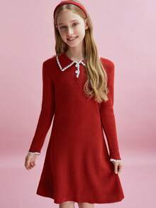Tween Girls Colorblock Polo Collar Long Sleeve Sweater Dress - Red - View 1