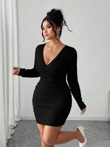 Elenzga Váy ôm sát thanh lịch xếp ly mùa thu cỡ lớn dành cho nữ, váy ngắn ôm sát tay dài cổ chữ V sâu, eo bó sát, thích hợp mặc dạ hội, hẹn hò, dạ hội, tiệc tùng, màu trơn khi đi làm - màu đen - Xem 3