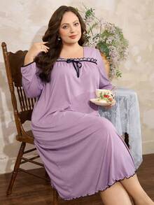 Côtesoire 大码女式浅灰紫色简约方领荷叶边灯笼袖柔软垂坠舒适针织面料中长连衣裙，休闲甜美家居服 - 淺灰紫 - 查看 1