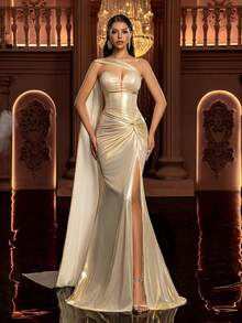 Glamrae Minimalist Elegant Retro Futuristic Coated Sweetheart Neck Waist Twist Ruched Tummy Concealing Slit Hem Flowy Style Women Formal Evening Gown, Guest Dress - Khaki - View 6