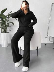 SHEIN EZwear Plus Size Solid Color Zip-Up Long Sleeve Top And Ribbed Long Pants 2 Pieces Set