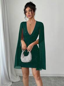 Elenzga Đầm ôm body tay rộng cổ chữ V gợi cảm dành cho nữ - Màu xanh lá cây đậm - Xem 6