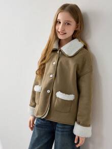 SHEIN Tween Girls Casual Warm Fleece Jacket, Autumn/Winter - Khaki - View 7