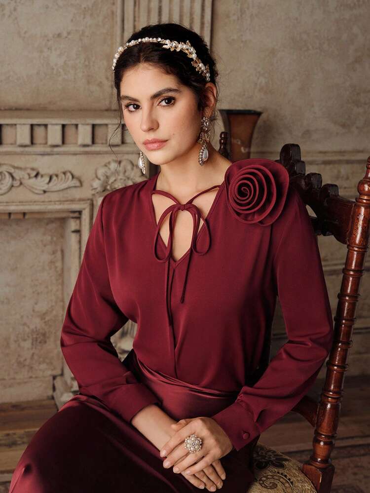 Women's Elegant Blouse With 3D Rose Flower Decor & Tie Front Design, Burgundy