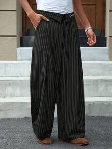 SWAVVY 男士条纹直筒宽松休闲裤，带口袋 - 黑色 - 查看 4